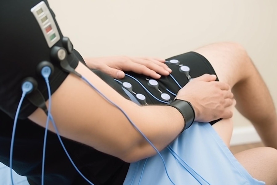 Client receiving Get FIT electromagnetic stimulation treatment at Deva Med Spa in Vancouver
