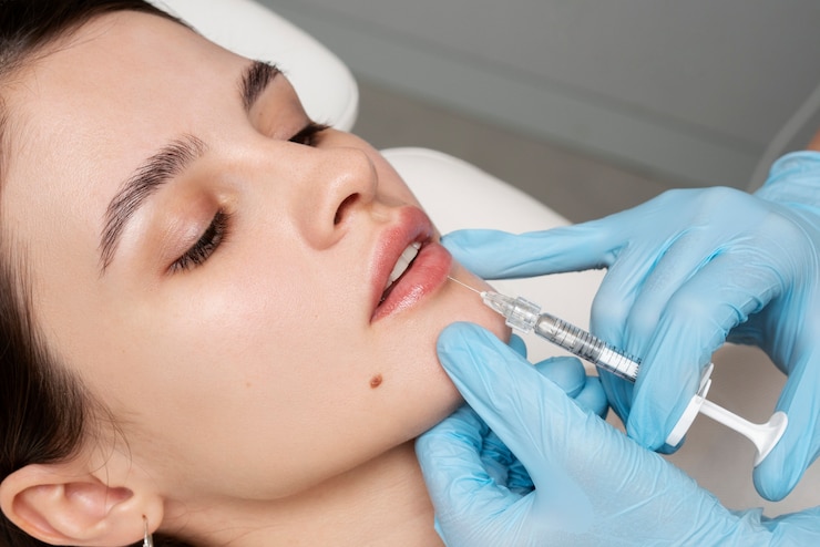 Client receiving dermal fillers for lip enhancement at Deva Med Spa in Vancouver